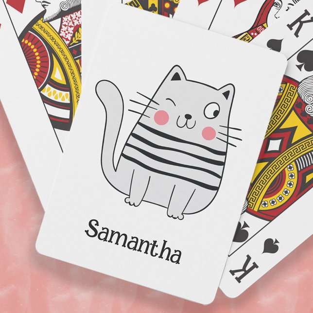 Baraja De Cartas Monograma de nombre de gancho de gato gracioso (Cute, funny winking cat playing cards. Personalize with your name.)