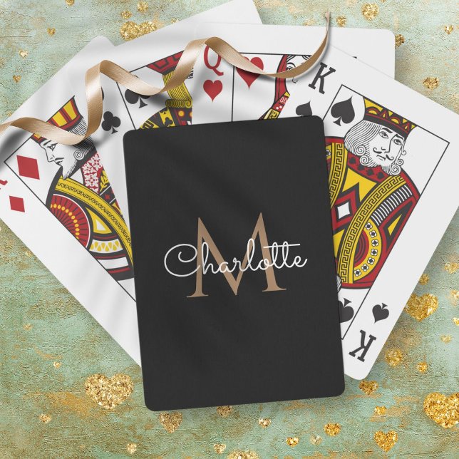 Baraja De Cartas Monograma de oro negro elegante guión giratorio (Black Gold Monogram Elegant Girly Script Playing Cards)