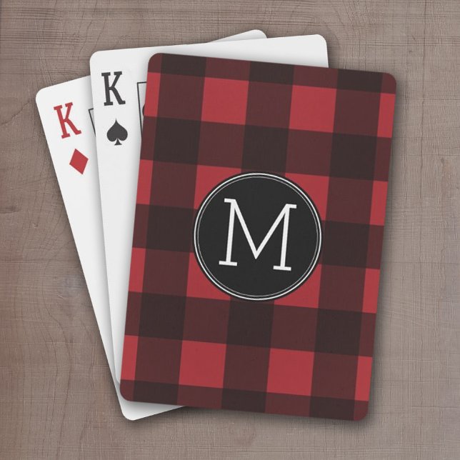 Baraja De Cartas Monograma de patrón de patrón de búfalo negro rojo (Red and Black buffalo Check with monogram - personalized playing cards)