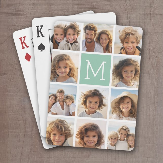 Baraja De Cartas Monograma de Personalizado de Collage de fotos úni (Personalized Playing Cards with 11 Photos and a bright monogram in the center)