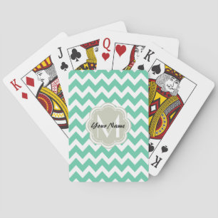 Baraja De Cartas Monograma de Personalizado Mint Chevron, nombre pe