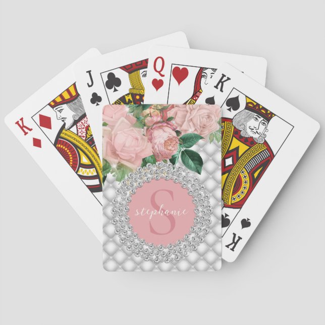 Baraja De Cartas Monograma de rosas rosas rosas rosadas de diamante (Reverso)