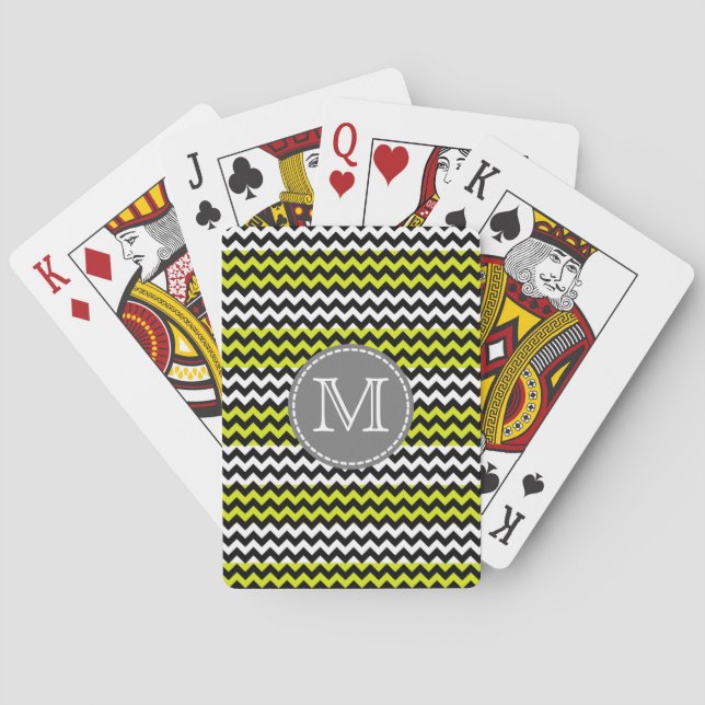 Baraja De Cartas Monograma de zigzag verde negro (Reverso)