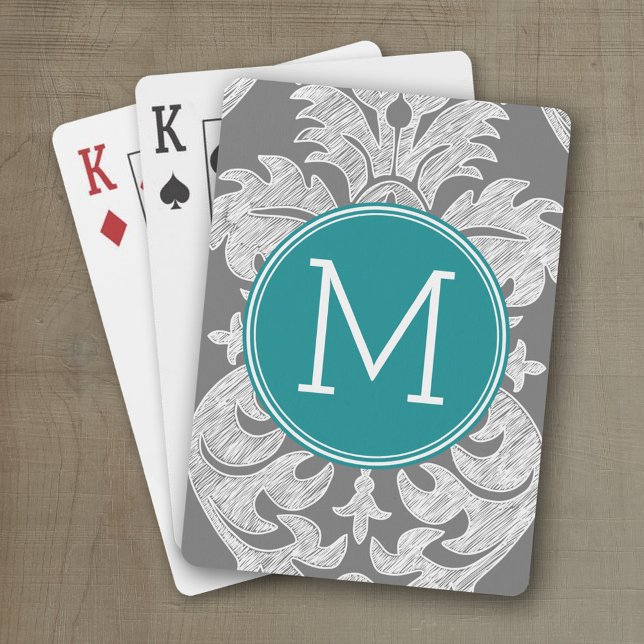 Baraja De Cartas Monograma del modelo de Damasco gris y Verde azula (Personalized playing cards with monogram or custom text)