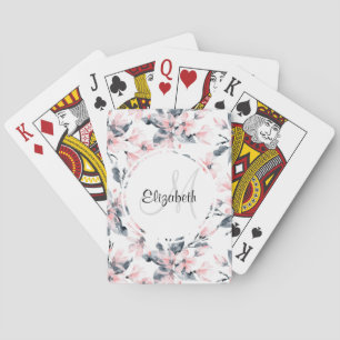 Baraja De Cartas Monograma del patrón acuático floral rosa y gris