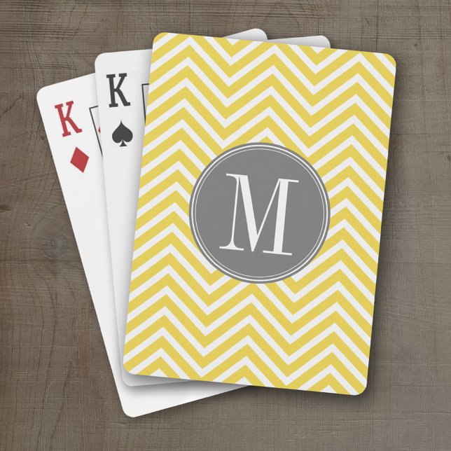 Baraja De Cartas Monograma del patrón de cheurón amarillo y gris (Personalized Playing Cards)