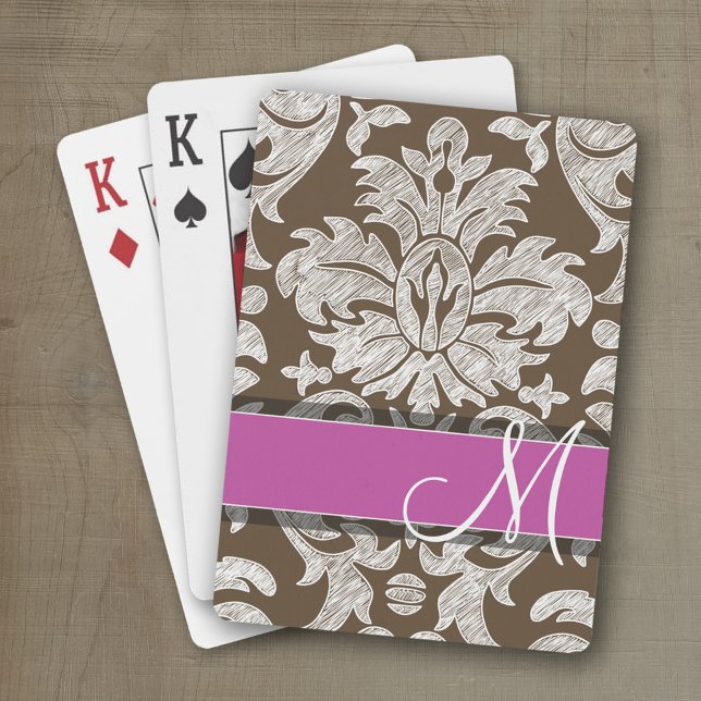 Baraja De Cartas Monograma del patrón de Damasco de chocolate y mag (Personalized playing cards with a fun area to add text such as a name or monogram)