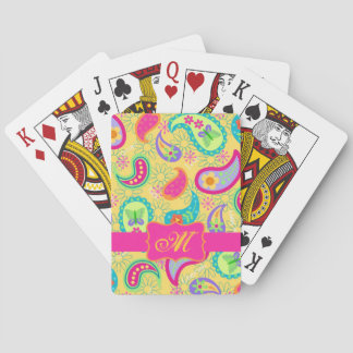 Baraja De Cartas Monograma del patrón de paisley moderno amarillo y