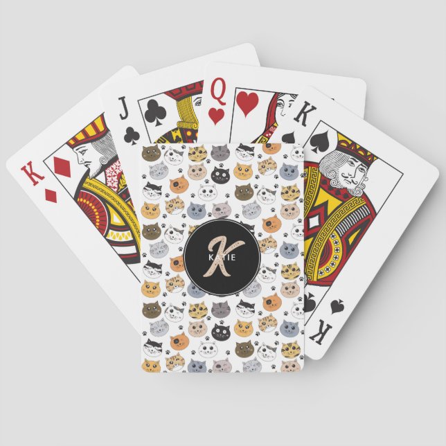 Baraja De Cartas Monograma del patrón de traza y gatos divertidos c (Reverso)