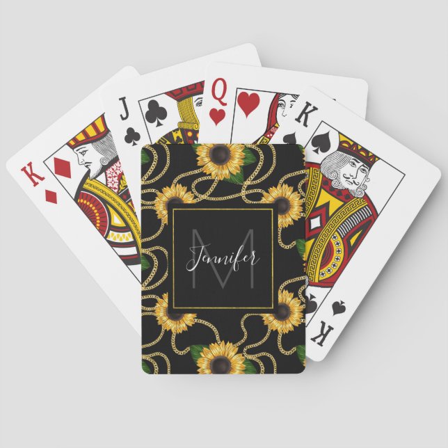 Baraja De Cartas Monograma del patrón elegante amarillo girasol ama (Reverso)