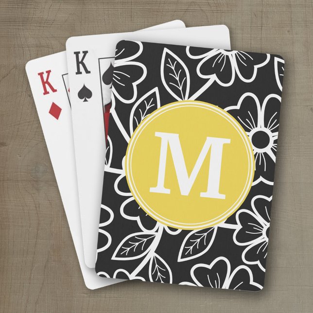 Baraja De Cartas Monograma del patrón floral blanco y negro (Personalized playing cards with a funky floral pattern and a place for a name)