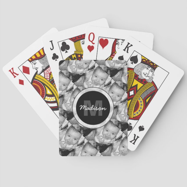 Baraja De Cartas Monograma del patrón fotográfico blanco negro del  (Reverso)