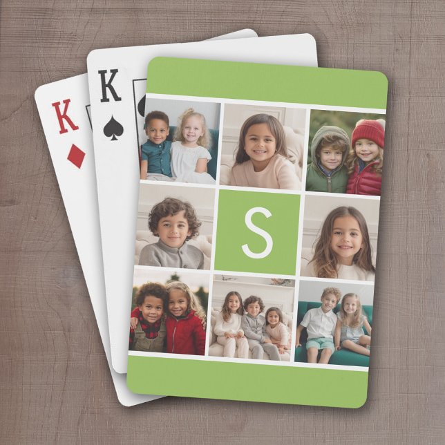 Baraja De Cartas Monograma del Personalizado de cal y Collage de fo (Add 8 photos and personalize this set of playing cards with a monogram and lime green accents)