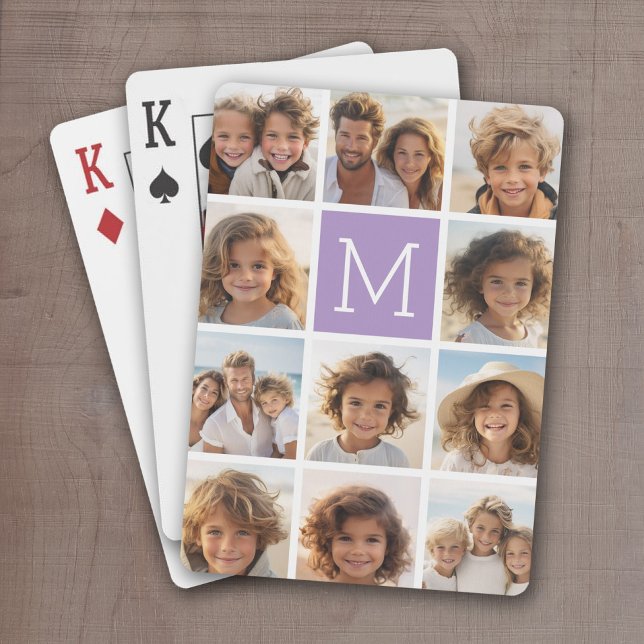 Baraja De Cartas Monograma del Personalizado de Collage de fotos de (Personalized Playing Cards with 11 Photos and a bright monogram in the center)