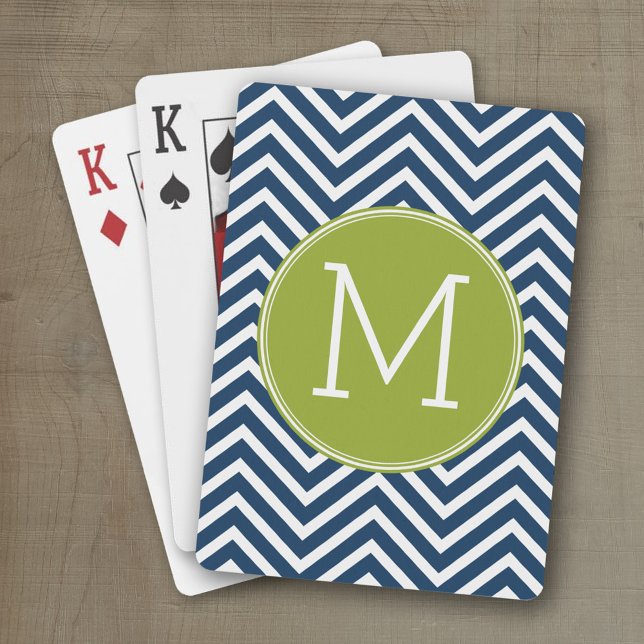 Baraja De Cartas Monograma del Personalizado de los Chevrons azul y (Personalized playing cards with an area for text such as a name or monogram)