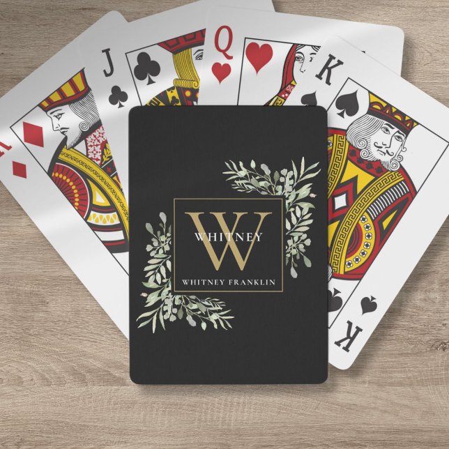 Baraja De Cartas Monograma dorado Elegante verde negro moderno (Gold Monogram Elegant Greenery Modern Black Poker Cards)
