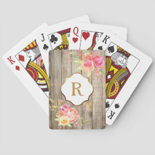 Baraja De Cartas Monograma Dorado sobre Flores Rosadas de Madera Rú