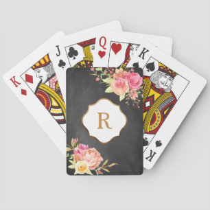 Baraja De Cartas Monograma dorado y flores en pizarra de tiza textu
