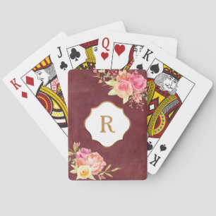 Baraja De Cartas Monograma dorado y flores sobre textura roja vinta