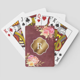 Baraja De Cartas Monograma dorado y flores sobre textura roja vinta