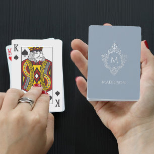 Baraja De Cartas Monograma Dusty Azul Elegante Nombre Escudo Vintag