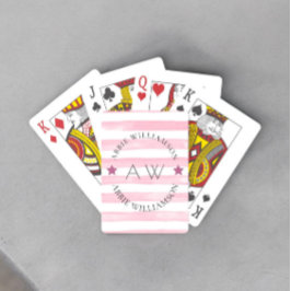 Baraja De Cartas monograma elegante de franjas rosadas personalizad