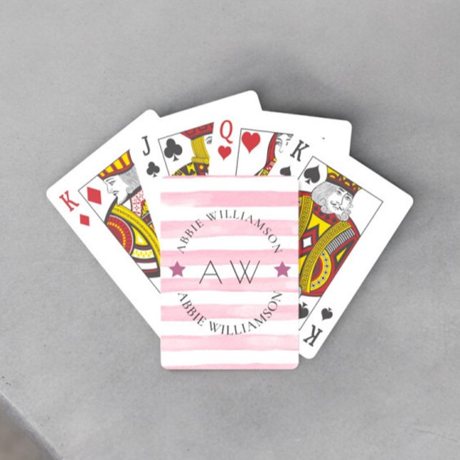 Baraja De Cartas monograma elegante de franjas rosadas personalizad (fun playing  personalized cards ideaa for family games night )