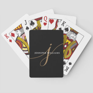 Baraja De Cartas Monograma elegante de letra script negra y dorada
