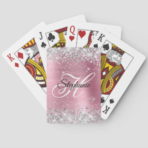 Baraja De Cartas Monograma elegante de purpurina plateada sobre ros