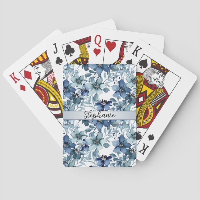 Baraja De Cartas Monograma elegante del patrón de Chintz azul (Reverso)