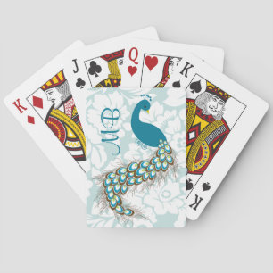 Baraja De Cartas Monograma elegante moderno de pavo real Damasco