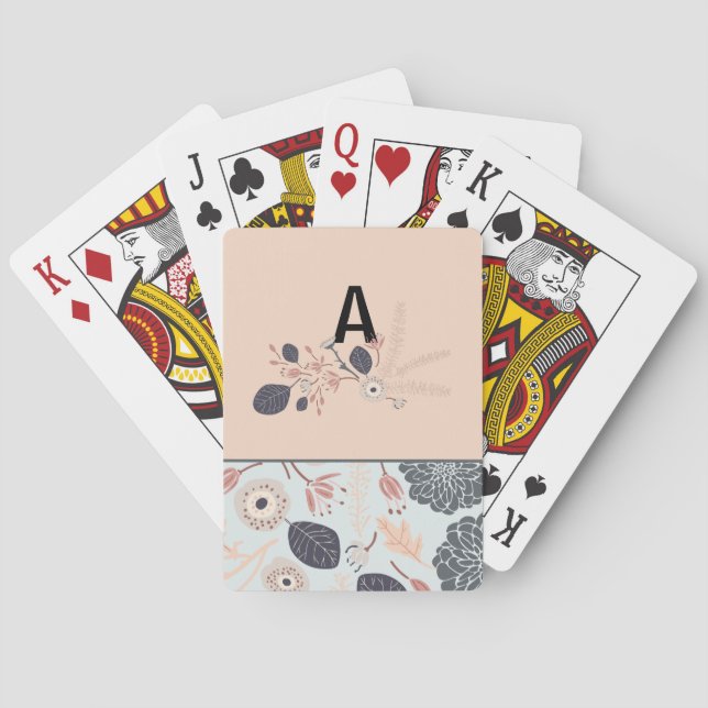 Baraja De Cartas Monograma Elegante Patrón Floral Gris Blue Peach (Reverso)
