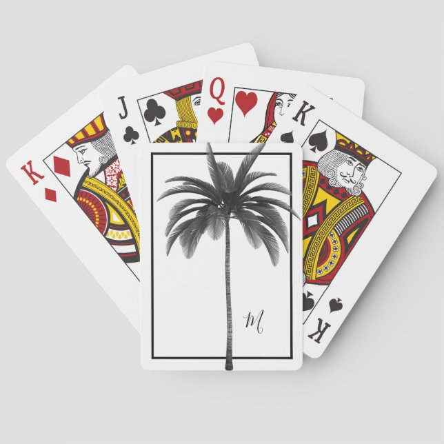 Baraja De Cartas Monograma elegante tropical blanco negro de árbol  (Reverso)