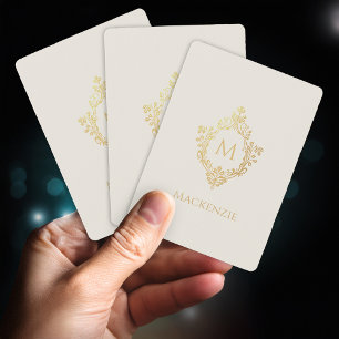 Baraja De Cartas Monograma en Escudo Falso Oro Elegante Marfil Anti