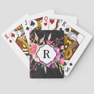 Baraja De Cartas Monograma en flores rosadas atrevidas y mármol neg