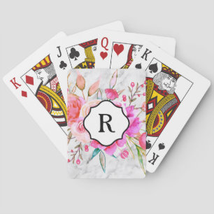 Baraja De Cartas Monograma en flores rosadas audaces y mármol gris