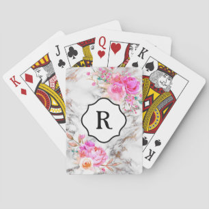 Baraja De Cartas Monograma en Flores Rosadas Intensas, Mármol Dorad