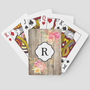 Baraja De Cartas Monograma en flores rosadas y madera rústica