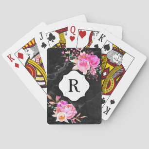 Baraja De Cartas Monograma en Flores Rosas Intensas sobre Mármol Ne