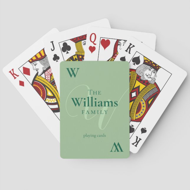 Baraja De Cartas Monograma familiar sobre verde sabio (Reverso)