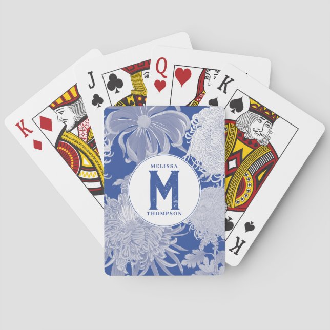 Baraja De Cartas Monograma floral Chinoiserie azul blanco (Reverso)