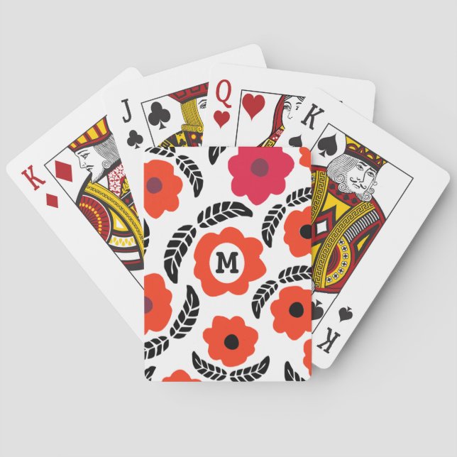 Baraja De Cartas Monograma floral rojo y Naranja moderno (Reverso)