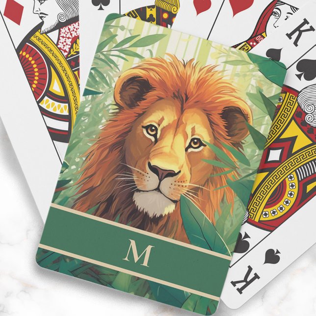 Baraja De Cartas Monograma inicial de pintura de selva de león (Lion in the jungle painting playing cards, personalized with your monogram)