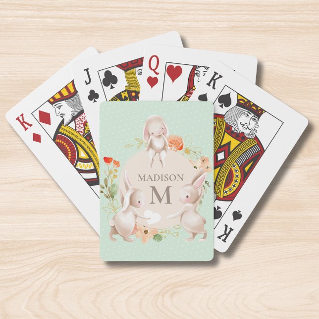 Baraja De Cartas Monograma lindo Conejo Conejo Floral Personalizado (Subido por el creador)