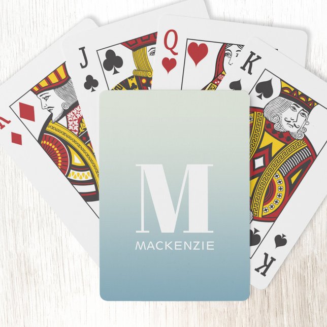 Baraja De Cartas Monograma moderno Nombre inicial Gradiente de Aqua (Simple modern monogram name personalized teal aqua green ocean gradient playing cards)