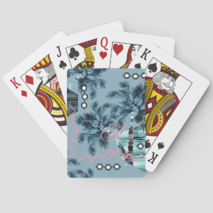 Baraja De Cartas Monograma negro azul de Palm Hawaii personalizado