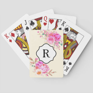 Baraja De Cartas Monograma Negro en Ramilletes de Acuarela Rosa Int