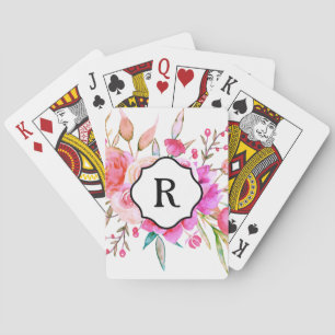Baraja De Cartas Monograma negro en ramo de acuarela rosa intenso