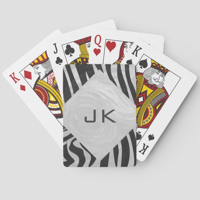 Baraja De Cartas Monograma negro y gris claro de cebra (Reverso)