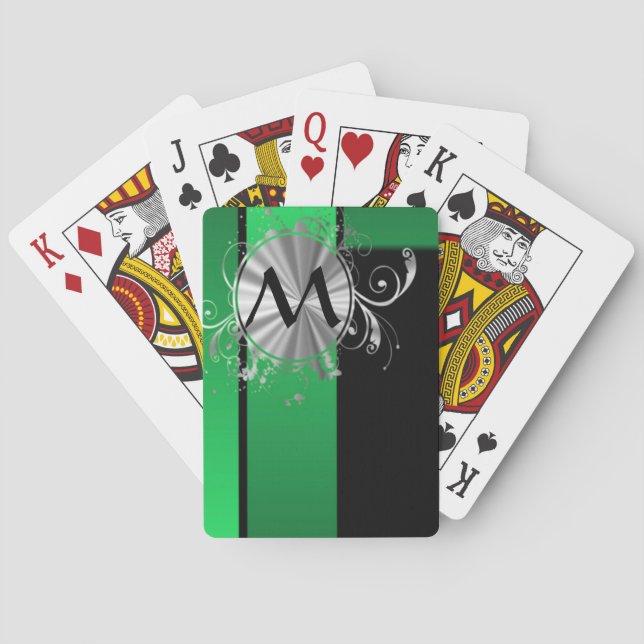 Baraja De Cartas Monograma negro y plata verde (Reverso)